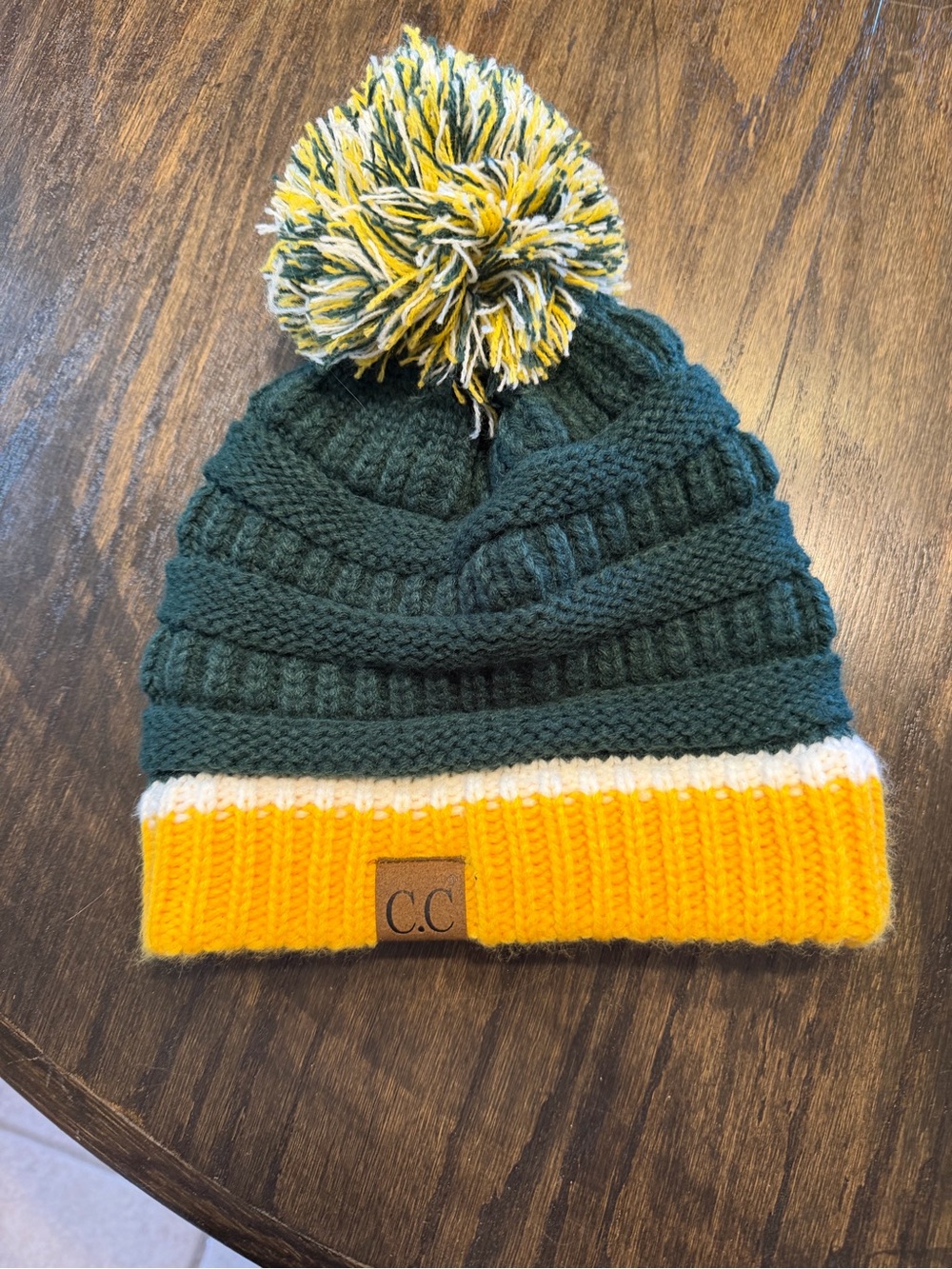 CC Knit Pom Beanie for women- Forest Green & Yellow